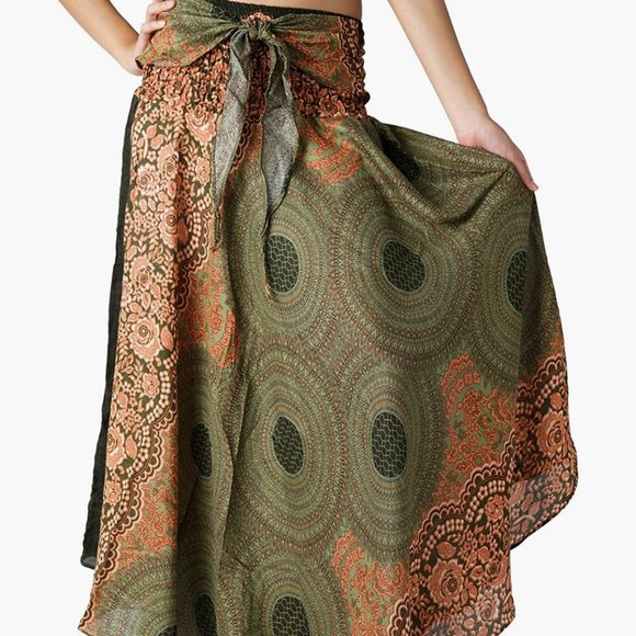 B BANGKOK PANTS Long Maxi Skirt Boho Gypsy Hippie Green Floral (One Size Fits) - Picture 4 of 6